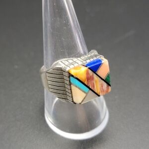 VTG Navajo Signed R. Jack Inlay Sterling Silver Lapis Turquoise MOP Coral Tribal